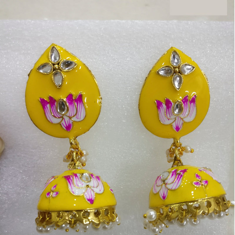 Midas Touch Pink & Yellow  Meenakari Kundan Stone Gold Plated Jhumki Earrings