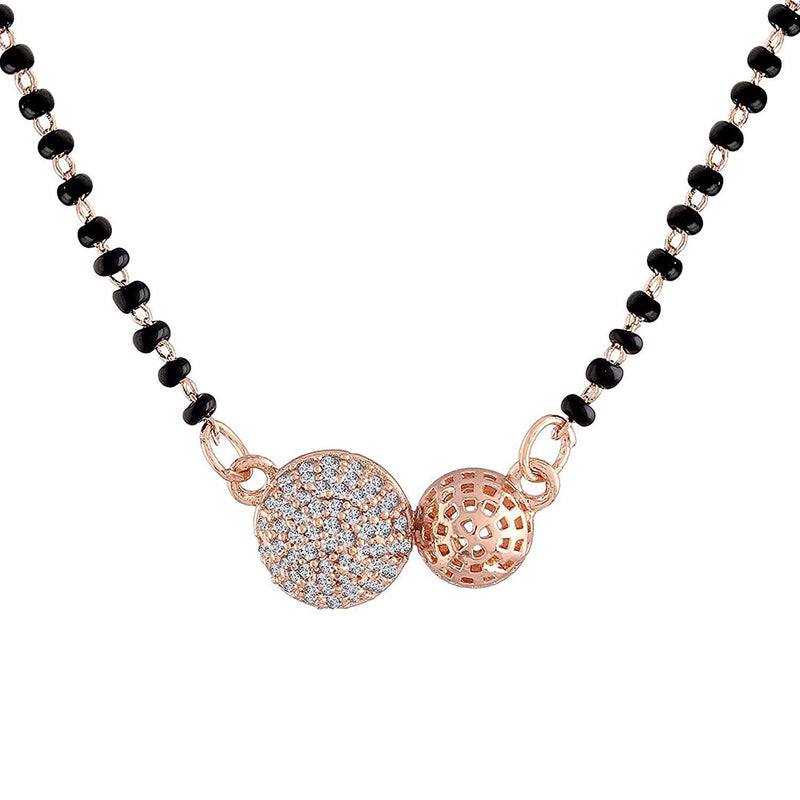 Etnico 18k Rose Gold Plated Traditional Single Line American Diamond Pendant with Black Bead Chain Mangalsutra for Women (D070)