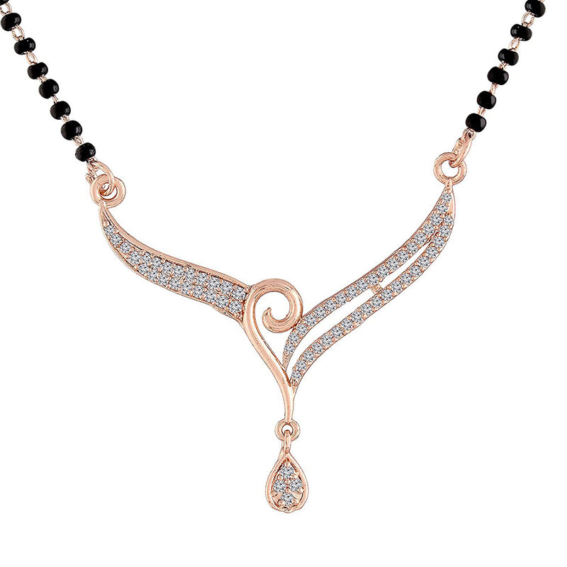 Etnico 18k Rose Gold Plated Traditional Single Line American Diamond Pendant with Black Bead Chain Mangalsutra for Women (D071)