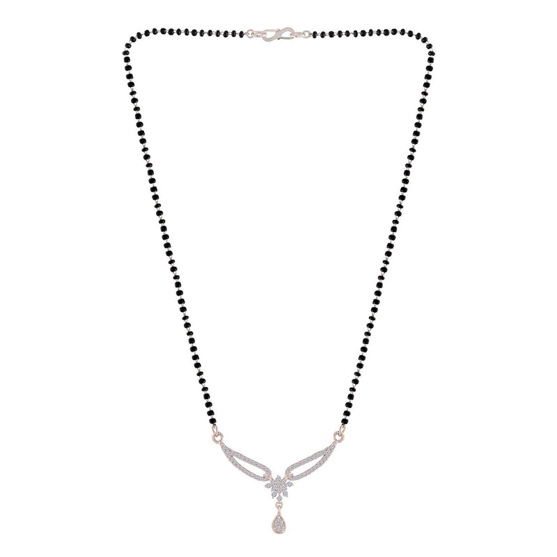 Etnico 18k Rhodium Plated Traditional Single Line American Diamond Pendant with Black Bead Chain Mangalsutra for Women (D079)