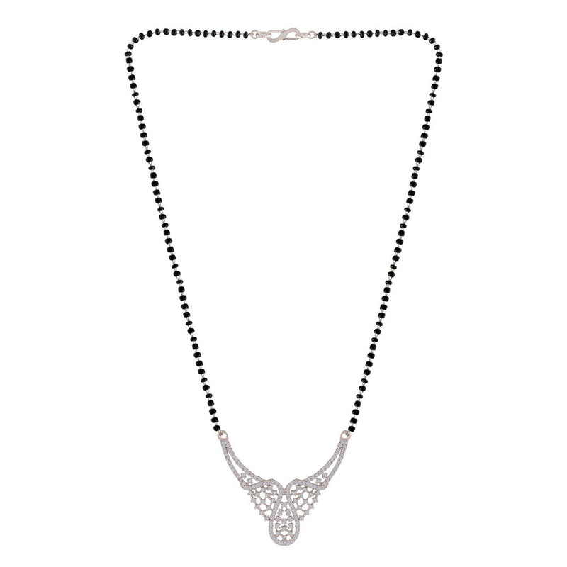 Etnico 18k Rhodium Plated Traditional Single Line American Diamond Pendant with Black Bead Chain Mangalsutra for Women (D080)