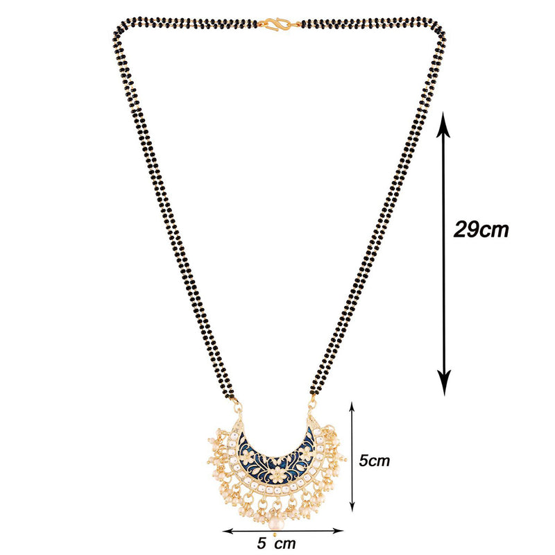 Etnico 18k Gold Plated Traditional Meena Work Pearl Studded Pendant with Black Bead Chain Mangalsutra for Women (D083)