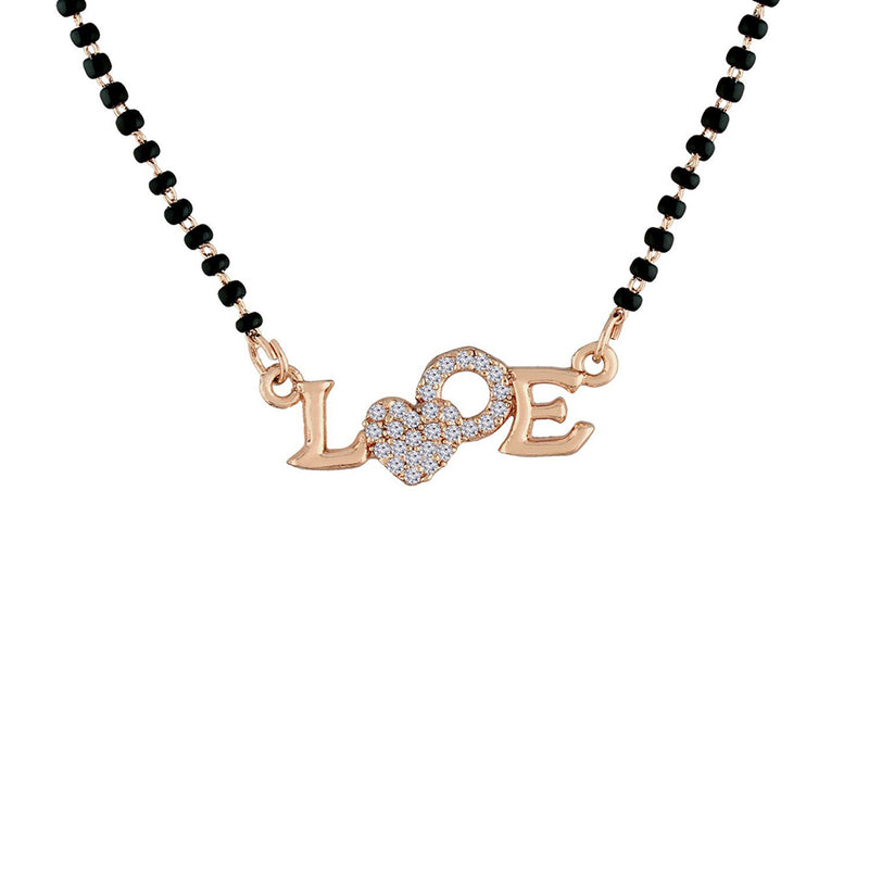 Etnico 18k Rose Gold Plated Traditional Single Line American Diamond Lovers Design Pendant with Black Beads Chain Mangalsutra for Women (D090)