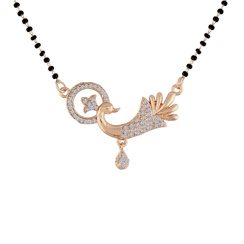 Etnico 18k Rose Gold Plated Traditional Single Line American Diamond Peacock Design Pendant with Black Beads Chain Mangalsutra for Women (D091)