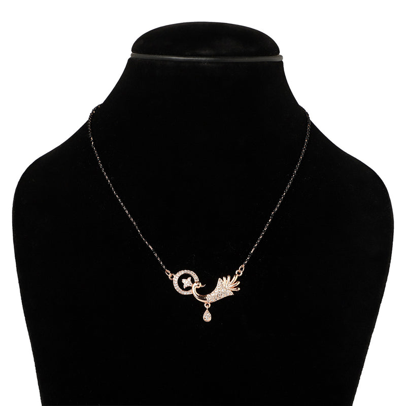 Etnico 18k Rose Gold Plated Traditional Single Line American Diamond Peacock Design Pendant with Black Beads Chain Mangalsutra for Women (D091)