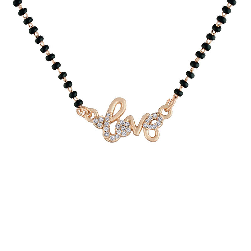Etnico 18k Rose Gold Plated Traditional Single Line American Diamond Lovers Design Pendant with Black Beads Chain Mangalsutra for Women (D092)
