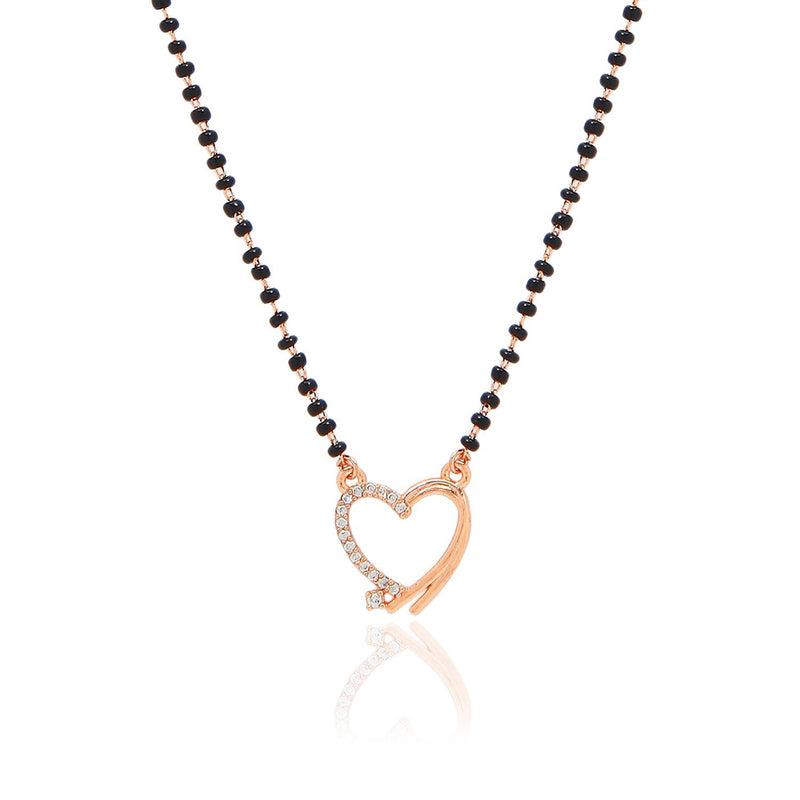 Etnico 18k Rose Gold Plated Traditional Single Line American Diamond Heart Shaped Pendant with Black Beads Chain Mangalsutra for Women (D095)