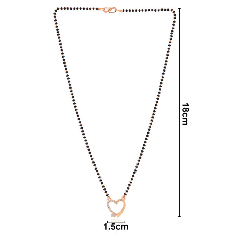 Etnico 18k Rose Gold Plated Traditional Single Line American Diamond Heart Shaped Pendant with Black Beads Chain Mangalsutra for Women (D095)