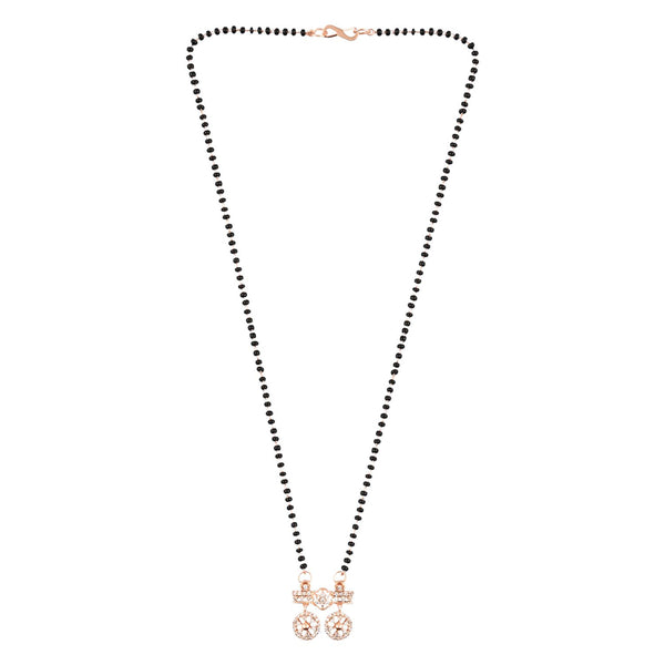 Etnico 18k Rose Gold Plated Traditional Single Line American Diamond Pendant with Black Bead Chain Mangalsutra for Women (D097)