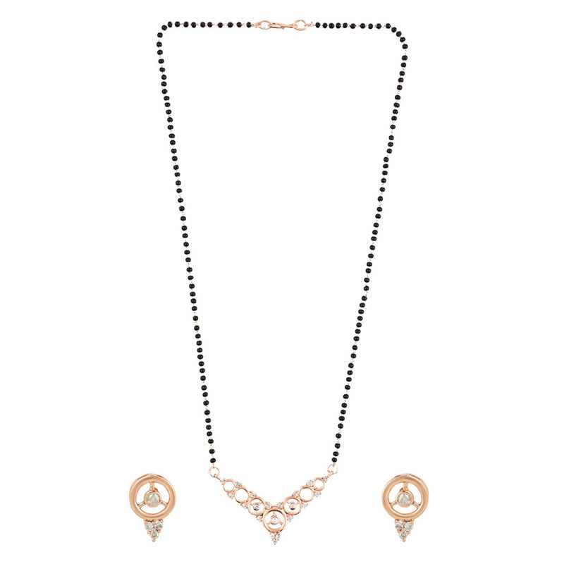 Etnico 18k Rose Gold Plated Traditional Single Line American Diamond Pendant with Black Bead Chain Mangalsutra for Women (D098)