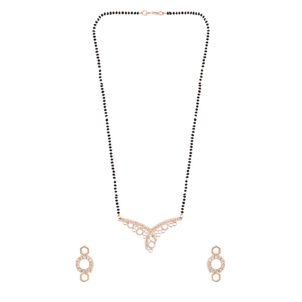 Etnico 18k Rose Gold Plated Traditional Single Line American Diamond Pendant with Black Bead Chain Mangalsutra for Women (D103)