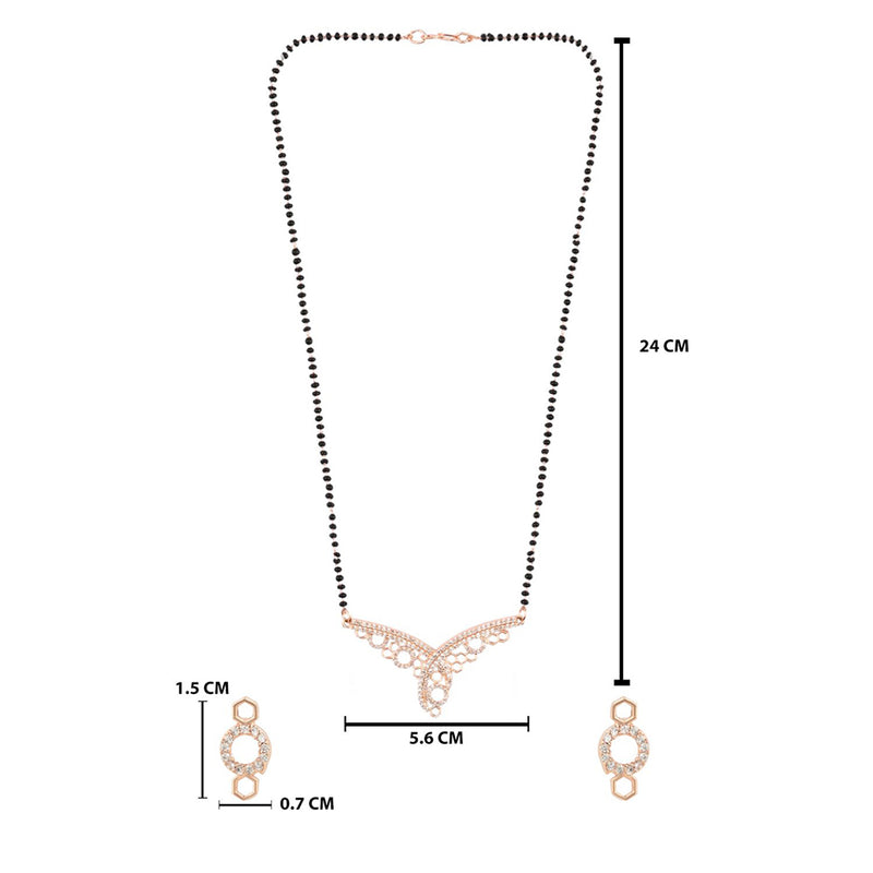 Etnico 18k Rose Gold Plated Traditional Single Line American Diamond Pendant with Black Bead Chain Mangalsutra for Women (D103)