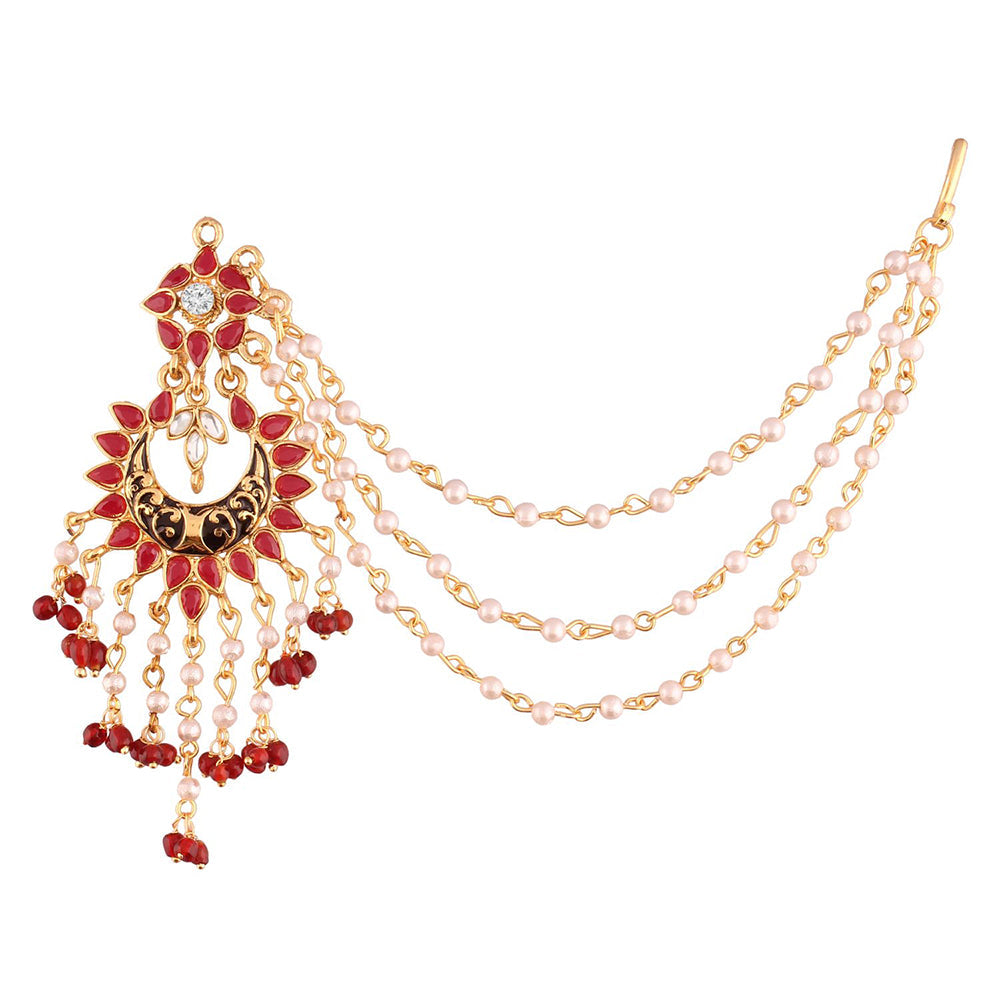 Etnico Traditional Gold Plated Enamel/Meena Work Earrings Glided With Faux Stones & Pearls With Hair Chain For Women/Girls (E2444M)