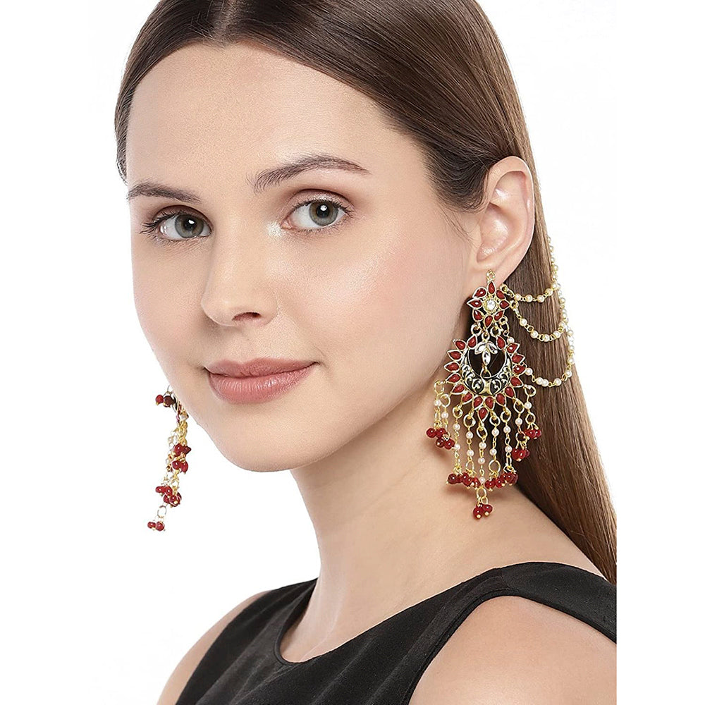 Etnico Traditional Gold Plated Enamel/Meena Work Earrings Glided With Faux Stones & Pearls With Hair Chain For Women/Girls (E2444M)