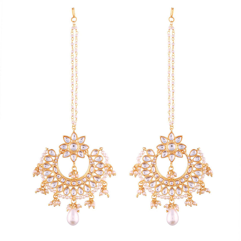 Etnico Traditional Gold Plated Chandbali Earrings With Hair Chain Encased With Faux Kundans For Women/Girls (E2453W)
