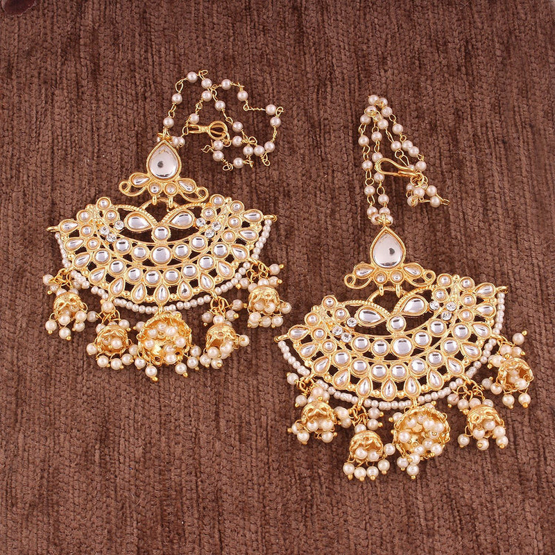 Etnico Traditional Gold Plated Chandbali Earrings With Hair Chain Encased With Faux Kundans For Women/Girls (E2455W)