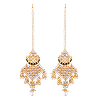 Etnico 18K Gold Plated Intricately Designed Traditional Earrings with Hair Chain Encased With Kundans & Pearls (E2463B)