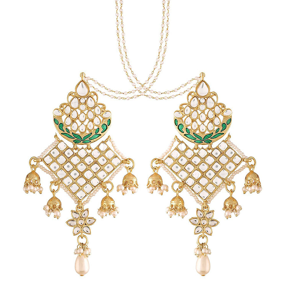 Etnico 18K Gold Plated Intricately Designed Traditional Earrings with Hair Chain Encased With Kundans & Pearls (E2463G)