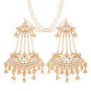 Etnico 18K Gold Plated Intricately Designed Traditional Earrings with Hair Chain Encased With Kundans & Pearls (E2464W)