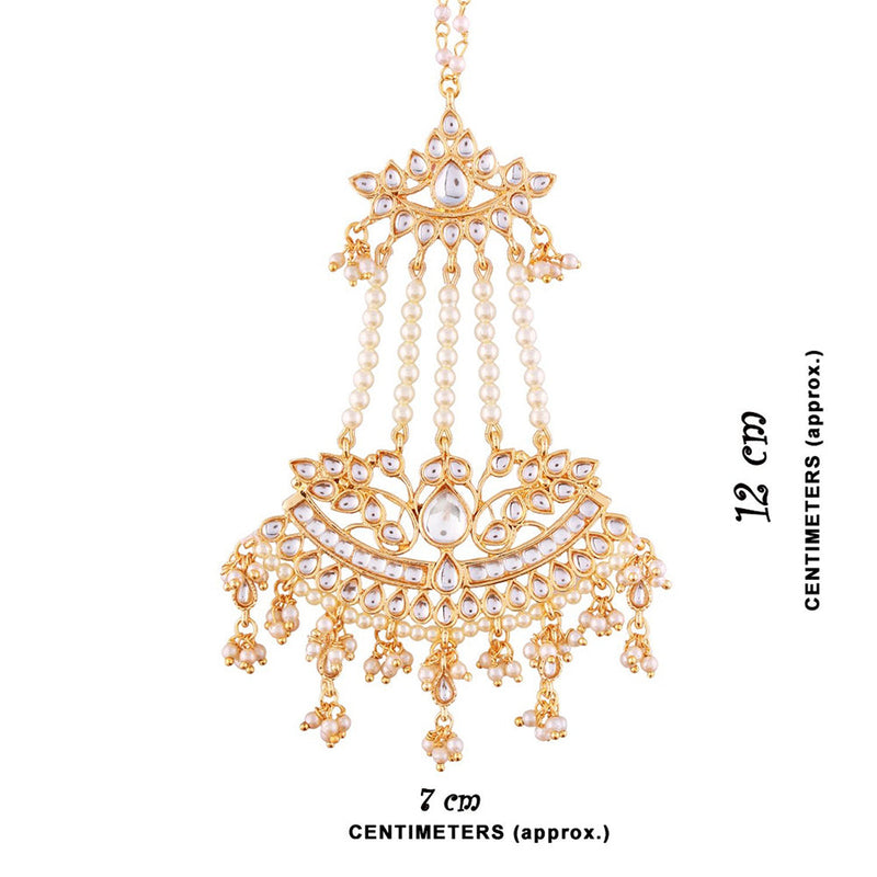 Etnico 18K Gold Plated Intricately Designed Traditional Earrings with Hair Chain Encased With Kundans & Pearls (E2464W)