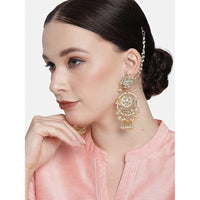 Etnico 18K Gold Plated Intricately Designed Traditional Earrings with Hair Chain Encased With Kundans & Pearls (E2466W)