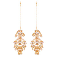 Etnico 18K Gold Plated Intricately Designed Traditional Earrings with Hair Chain Encased With Kundans & Pearls (E2466W)