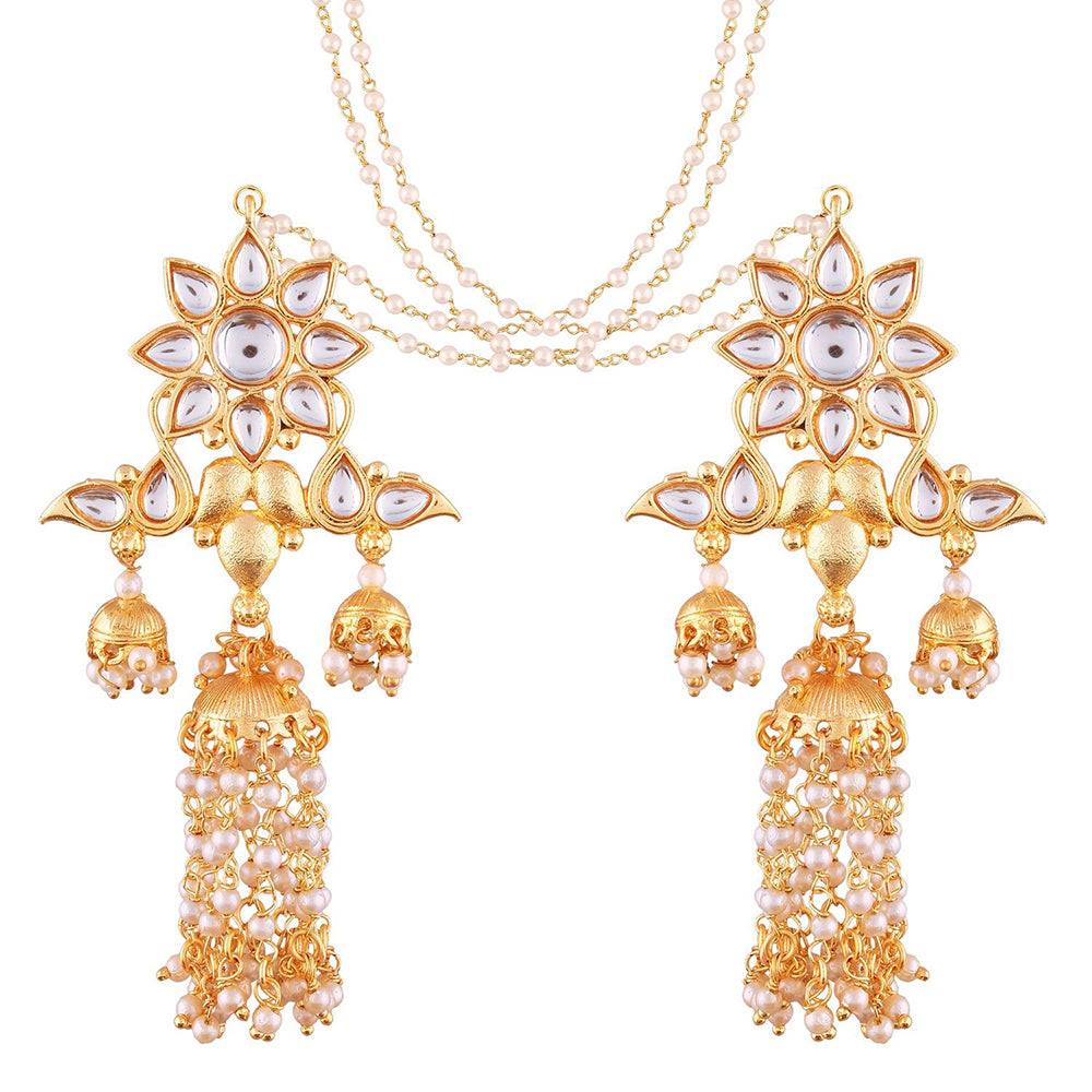 Etnico 18K Gold Plated Intricately Designed Traditional Earrings with Hair Chain Encased With Kundans & Pearls (E2467W)