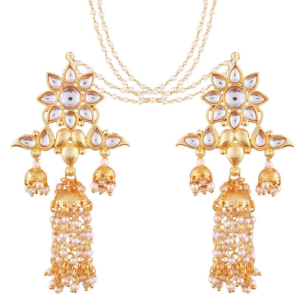 Etnico 18K Gold Plated Intricately Designed Traditional Earrings with Hair Chain Encased With Kundans & Pearls (E2467W)