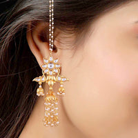 Etnico 18K Gold Plated Intricately Designed Traditional Earrings with Hair Chain Encased With Kundans & Pearls (E2467W)