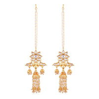 Etnico 18K Gold Plated Intricately Designed Traditional Earrings with Hair Chain Encased With Kundans & Pearls (E2467W)