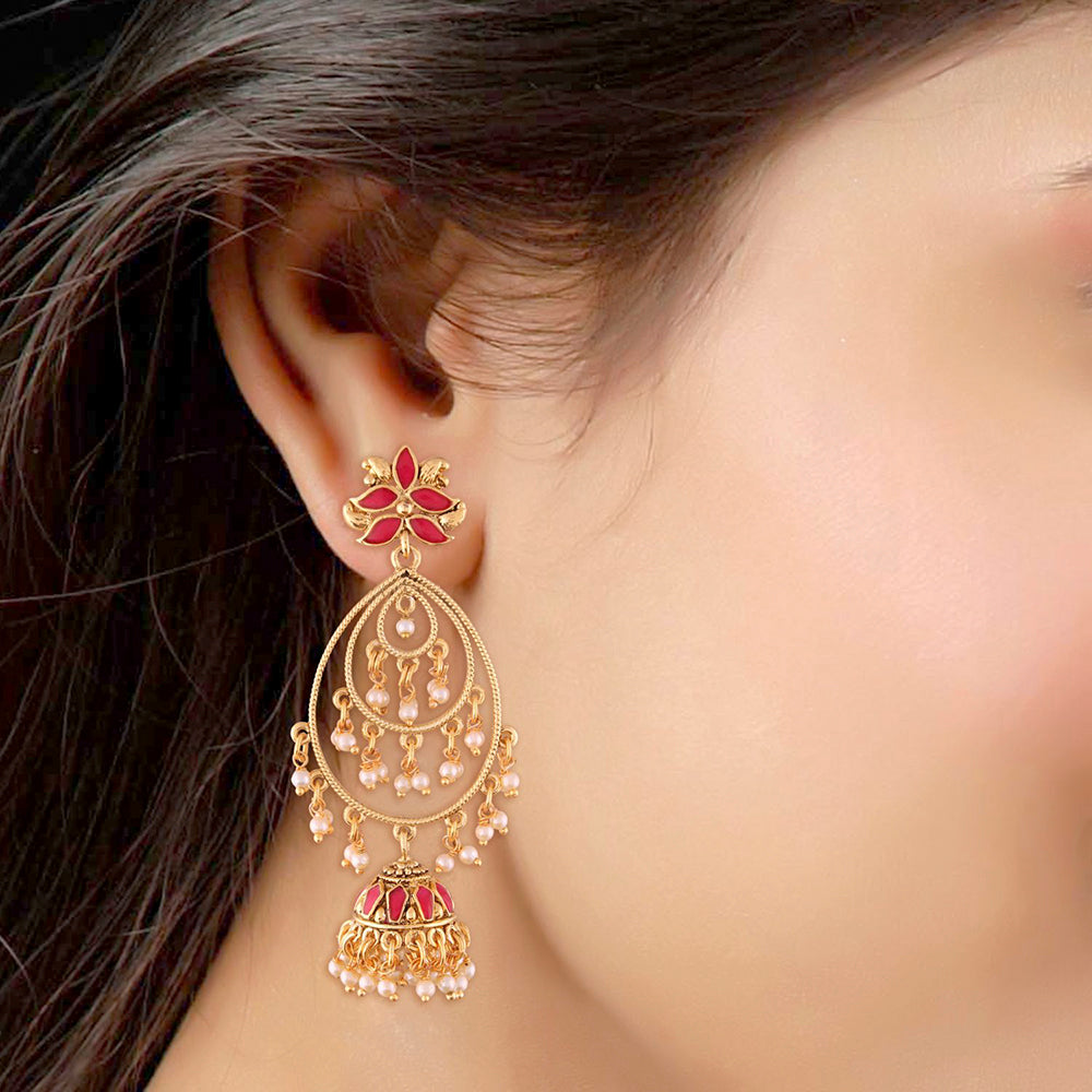 Etnico 18k Gold Plated Traditional Handcrafted Meenakari Pearl Studded Dangle Jhumki Earrings for Women (E2471Q)