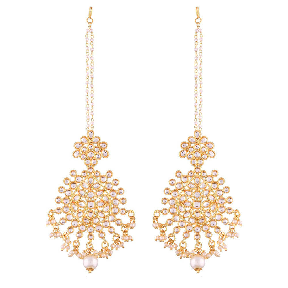 Etnico Traditional Gold Plated Big Earrings Encased With Faux Kundans & Attached With Hair Chain for Women/Girls (E2497W)