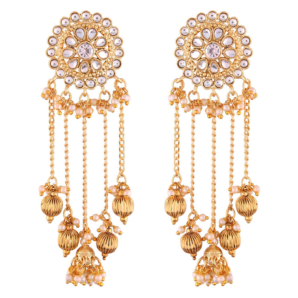 Etnico Gold Plated Bahubali Kundan & Pearl Chain Jhumki Earring for Women (E2617W)