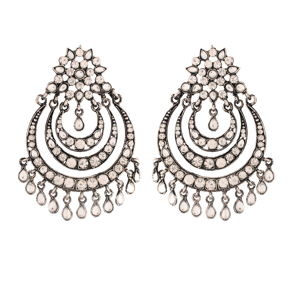 Etnico 18K Silver Oxidised Traditional Stone Studded Chandbali Earrings for Women (E2633OX)