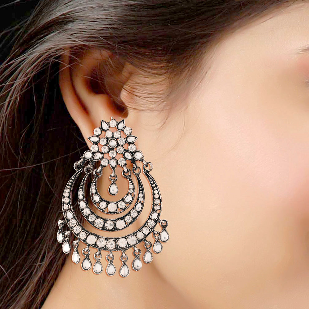 Etnico 18K Silver Oxidised Traditional Stone Studded Chandbali Earrings for Women (E2633OX)