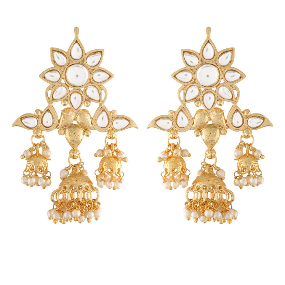 Etnico 18K Gold Plated Traditional Handcrafted Jhumka Earrings Encased with Faux Kundan & Pearl for Women/Girls (E2786W)