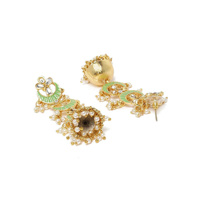 Etnico 18K Gold Plated 3 Layered Long Jhumki Earrings With Mint Enamel Glided With Kundans & Pearls (E2788Min)