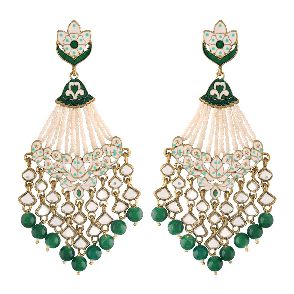 Etnico 18K Gold Plated Traditional Handcrafted Meena Work Earring Glided With Kundan & Pearls (E2792) (Green)