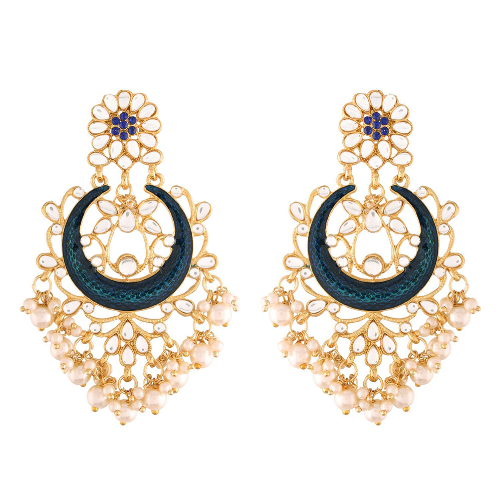 Etnico 18K Gold Plated Traditional Handcrafted Blue Meena Work Earring Glided With Kundan & Pearls (E2794Bl)