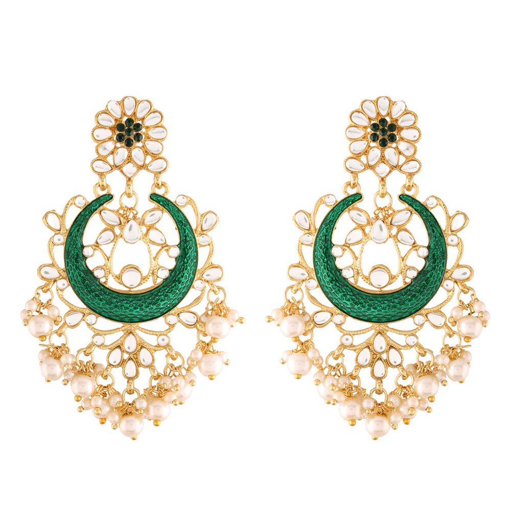 Etnico 18K Gold Plated Traditional Handcrafted Green Meena Work Earring Glided With Kundan & Pearls (E2794G)