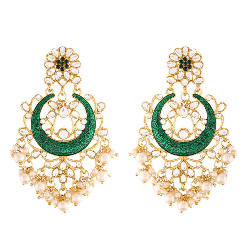 Etnico 18K Gold Plated Traditional Handcrafted Green Meena Work Earring Glided With Kundan & Pearls (E2794G)