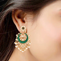 Etnico 18K Gold Plated Traditional Handcrafted Green Meena Work Earring Glided With Kundan & Pearls (E2794G)