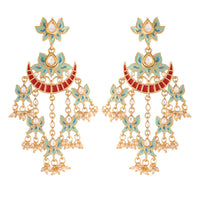 Etnico 18k Gold Plated Pearl Meenakari Lotus Design Dangler Earrings for Women (E2853SB)