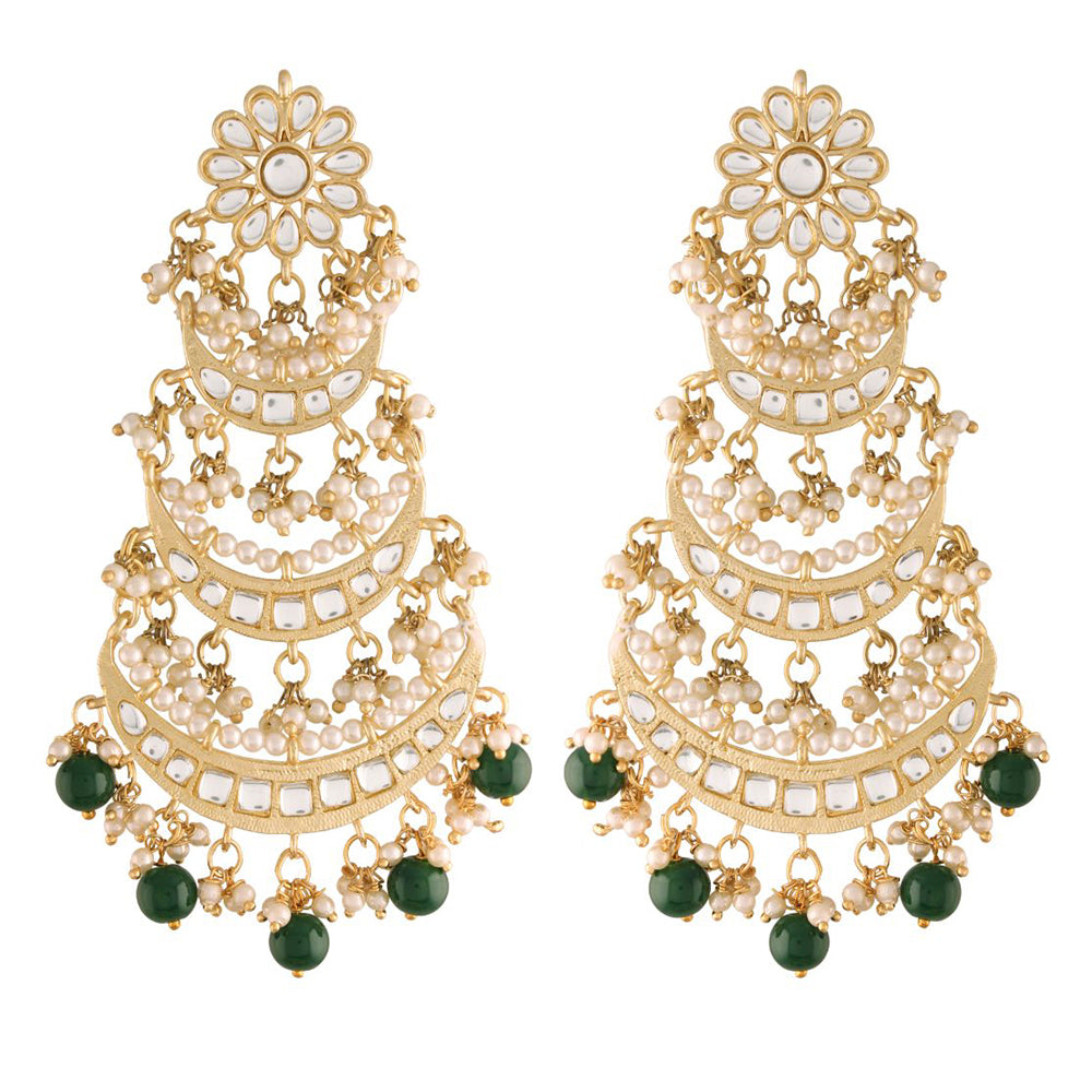 Etnico 18K Gold Plated 3 Layered Beaded Chandbali Earrings with Kundan and Pearl Work for Women (E2859G)