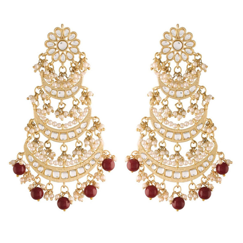 Etnico 18k Gold Plated 3 Layered Beaded Chandbali Earrings with Kundan and Pearl Work for Women (E2859M)