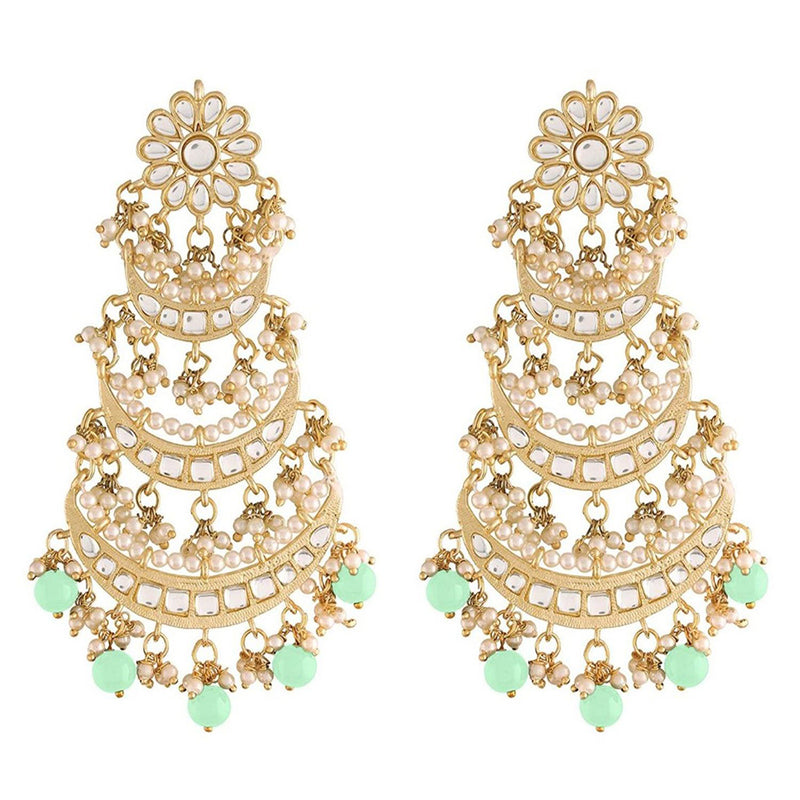Etnico 18k Gold Plated 3 Layered Beaded Chandbali Earrings with Kundan and Pearl Work for Women (E2859-1) (Mint)