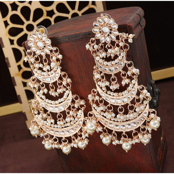 Etnico 18k Rose Gold Plated 3 Layered Beaded Chandbali Earrings with Kundan and Pearl Work for Women (E2859RG)