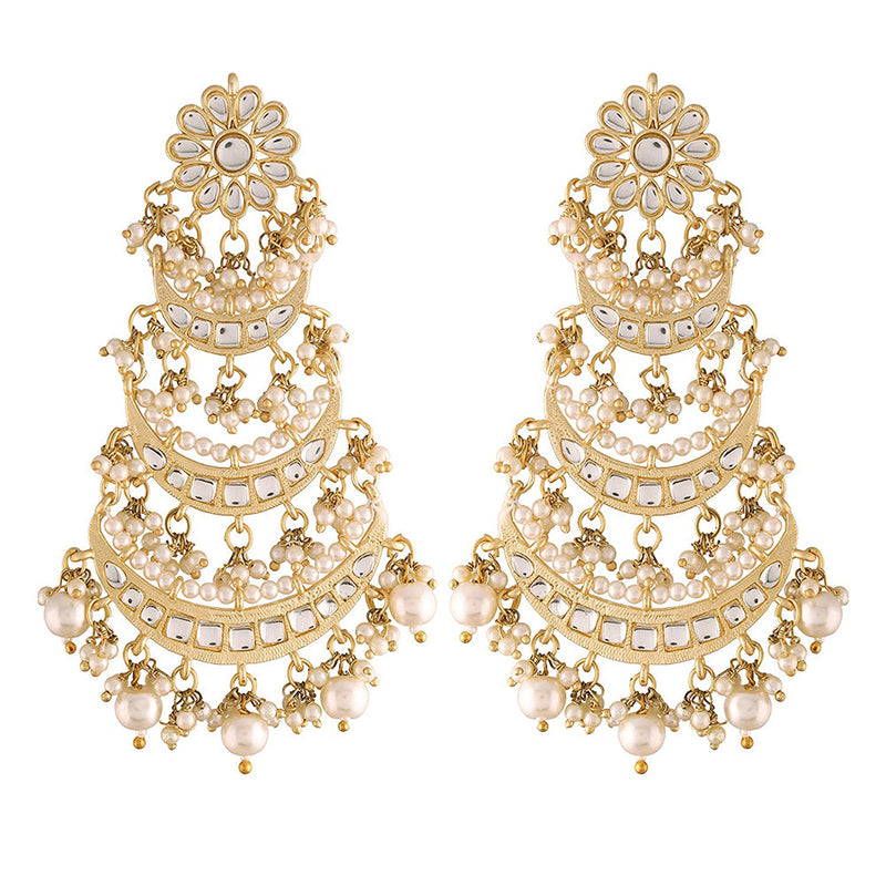 Etnico 18k Gold Plated 3 Layered Beaded Chandbali Earrings with Kundan and Pearl Work for Women (E2859)