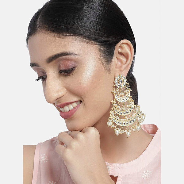 Etnico 18k Gold Plated 3 Layered Beaded Chandbali Earrings with Kundan and Pearl Work for Women (E2859)