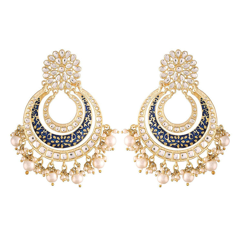 Etnico 18k Gold Plated Enamel/Meenakari Big Chandbali Earrings Glided With Kundan & Pearl for Women (E2860BL)